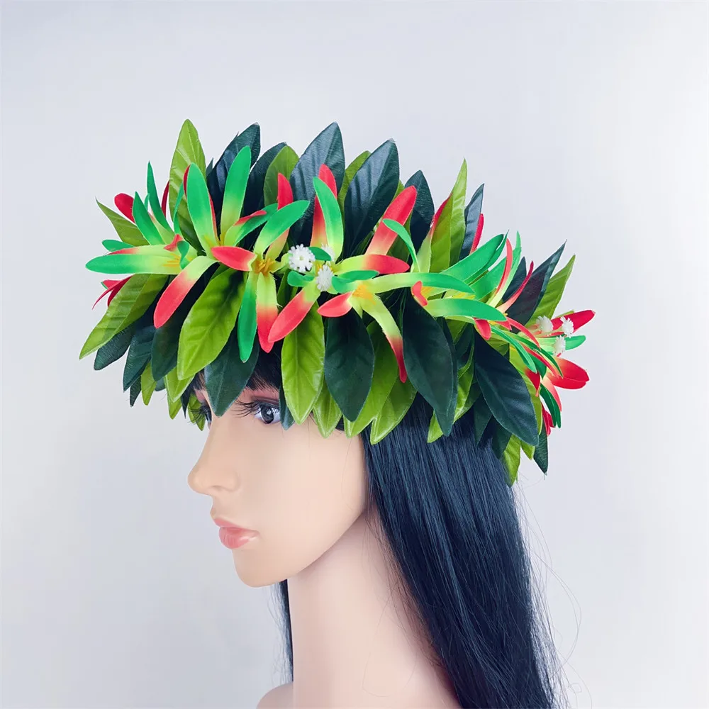 Flower Haku Headband Leis Silk Expandable Maile Leaf Crown With Spider Lilies and Baby\'s Breath Hawaiian Tahitian Head Crown Lei