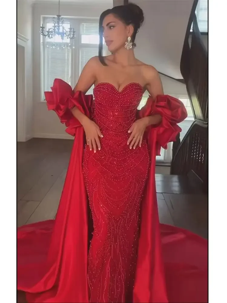 Serene Hill Customized Red Long Cape Pearls Beaded Mermaid Evening Dresses Gowns For Formal Occasion 2025 LA72585A