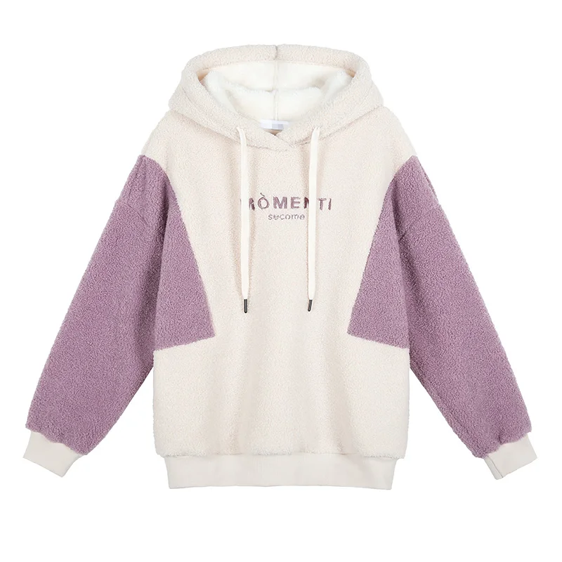 Lamb Wool Sweater Women's Loose Korean Version Splicing Hooded Jacket Fleece Thickened Top