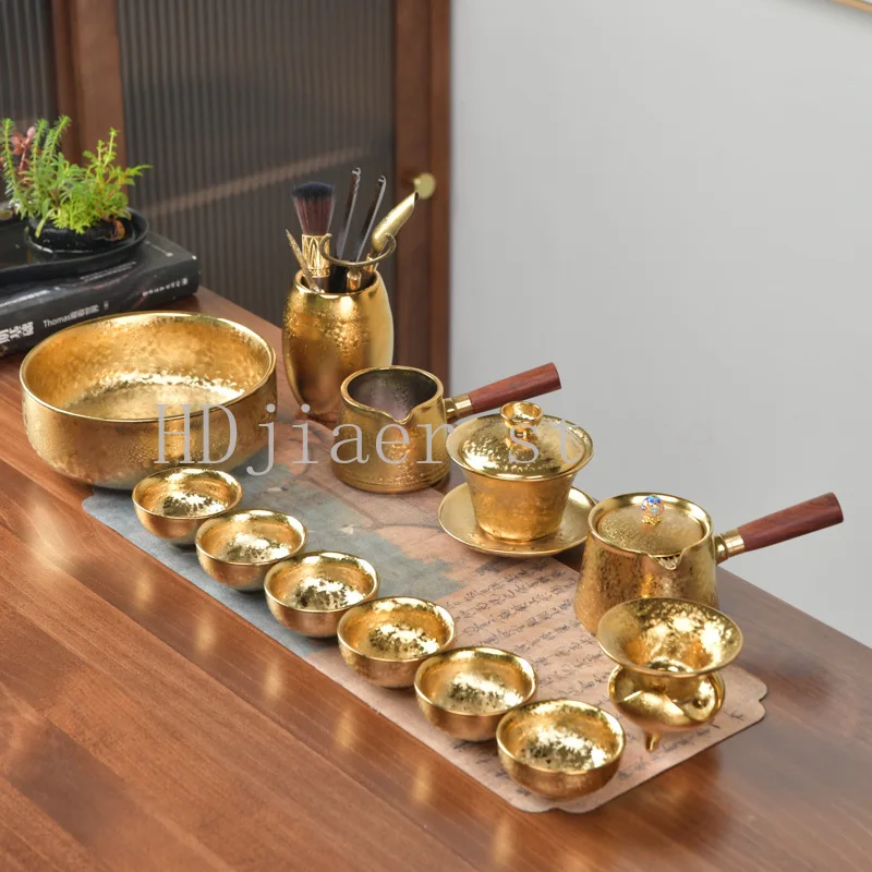 Variegated Gilded Ceramic Jianzhan Tea Set - Tianmu Kung Fu Tea Cups & Pot, Office/Home Brewing Set