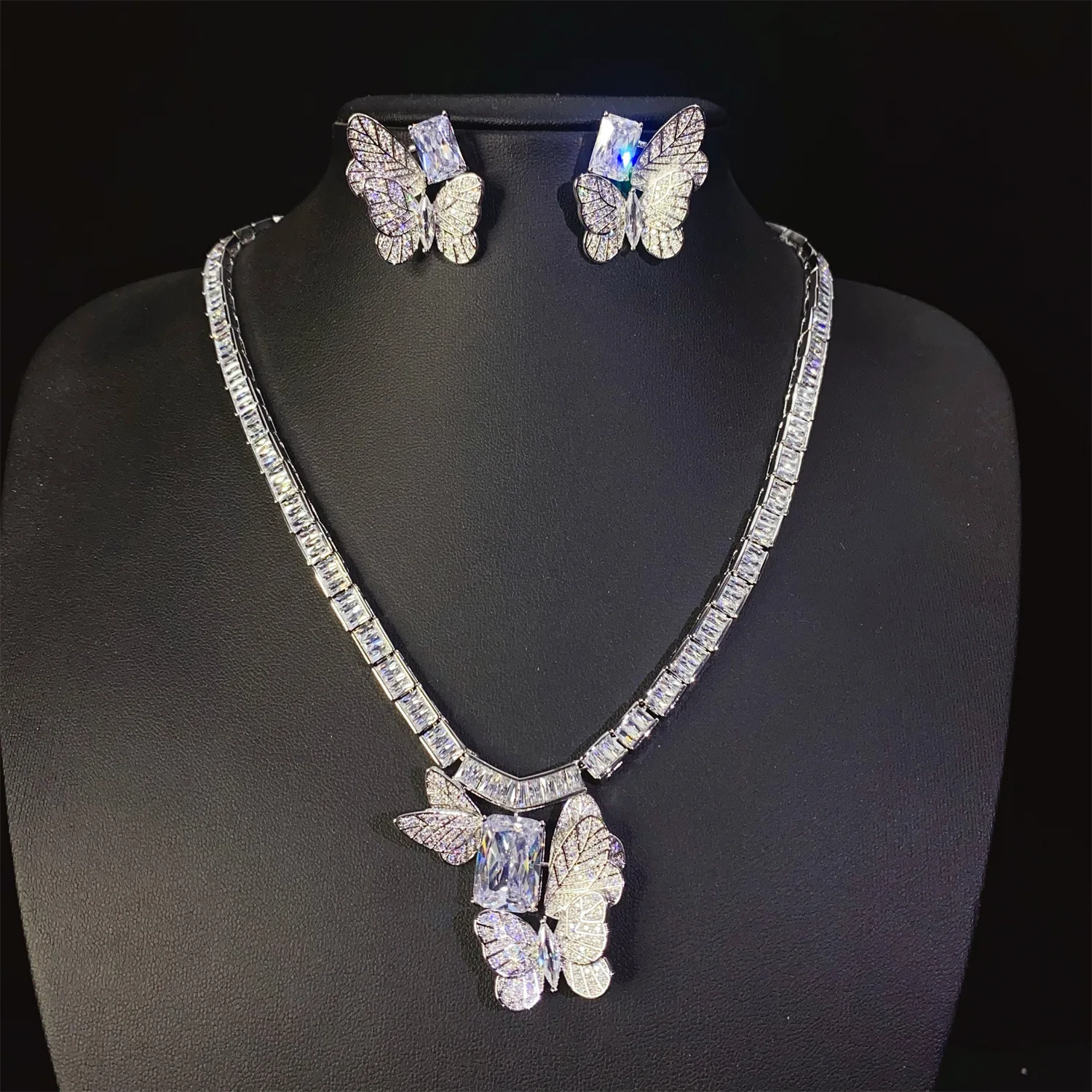 

shiny zirconia butterfly jewelry set necklace earrings women dinner party wedding anniversary gift luxury jewelry sets 2pcs