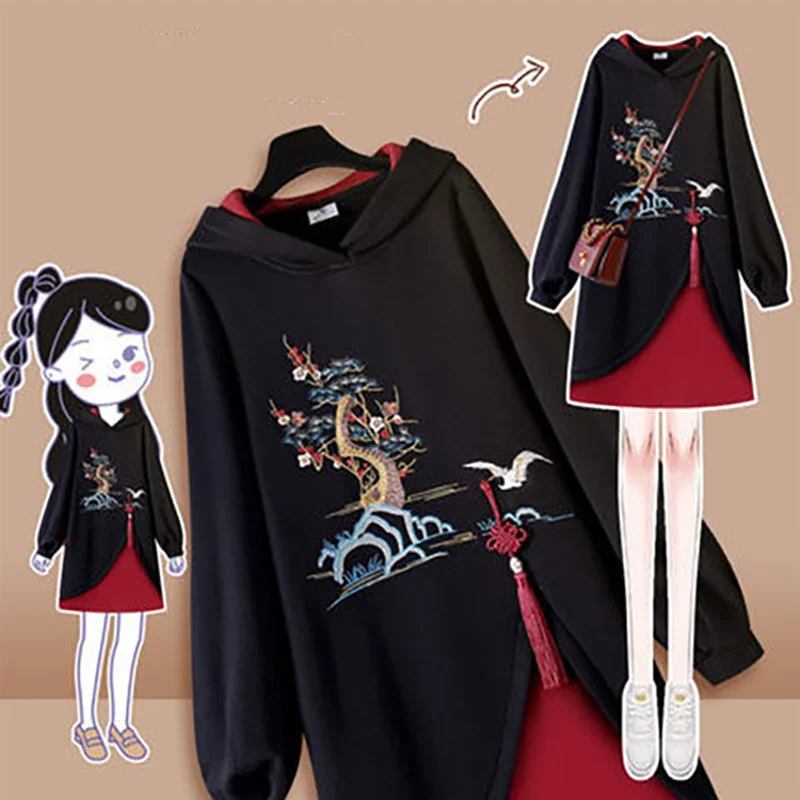 2025 Chinese Style Hoodies Stitching Vestido Cheongsam Oversized Embroidery Sweatshirt Dress Spring Women Buckle Thick Dresses