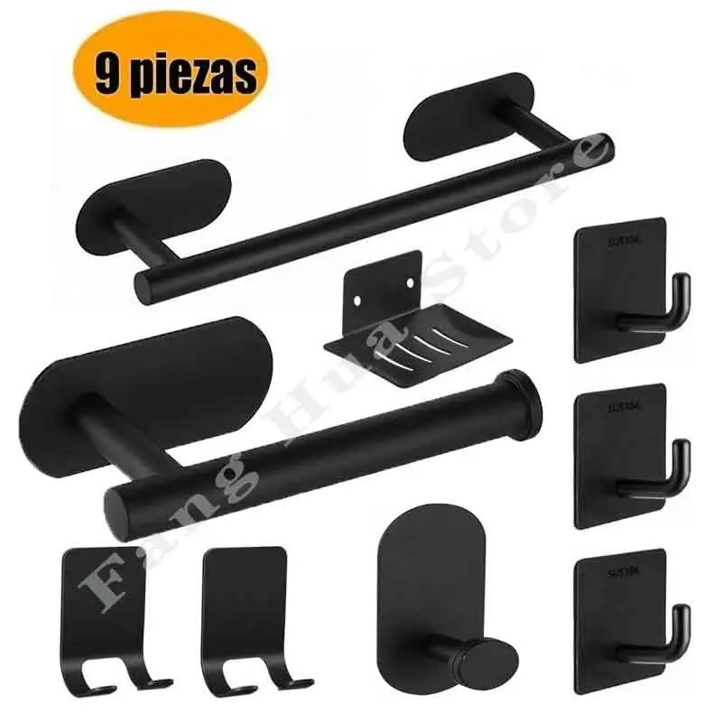 9-Piece Bathroom Set Towel Rack Stainless Steel Tissue Holder Black/Silver Soap Dish Clothes Hats Buttons Bathroom Accessories