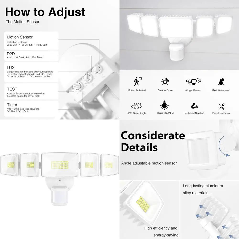 

High-Power 120W LED Security Light with Motion Sensor, 12000LM Output, 360° Wide Beam, Dusk to Dawn Operation, 6500K Daylight Wh