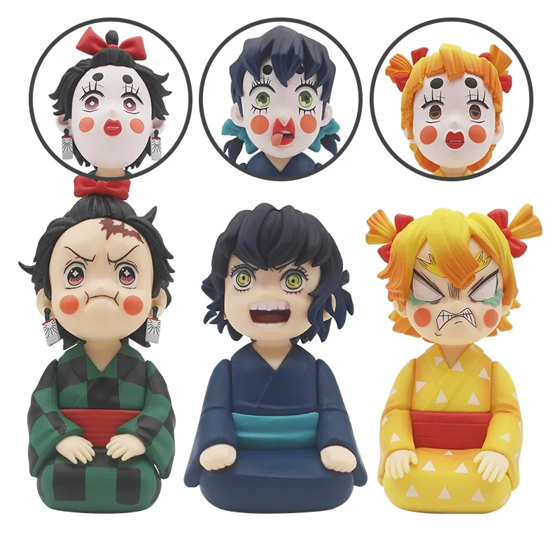 

9/12cm Kamado Inosuke Agatsuma Tanjirou Hashibira Zenitsu Demon Slayer Action Figure Wafuku Vesion Change Face Ornament Gift
