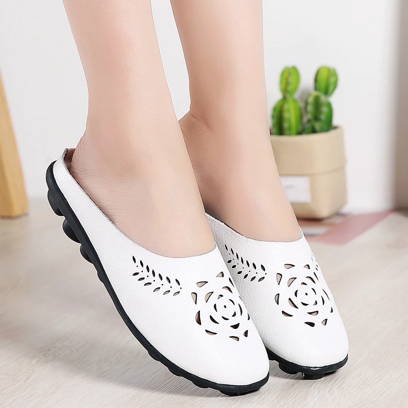 Spring Summer Women\'s Mules Openwork Flowers Modern Slippers Non-slip Soft Casual Slippers Luxury Leather Slip On Flat Shoes