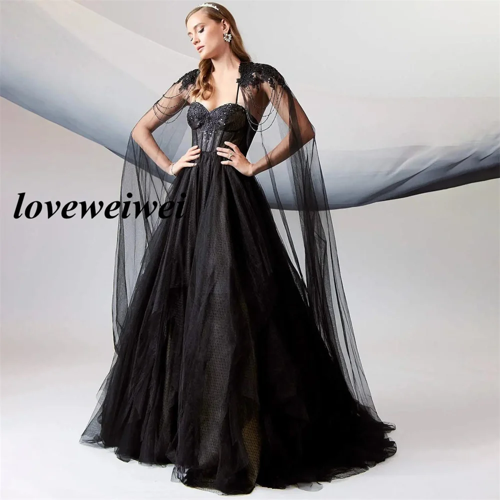 

Black Simple Elegant Evening Dresses Shawl Beading Tulle A line Prom Dress Floor Length Women Graduation Party Gowns