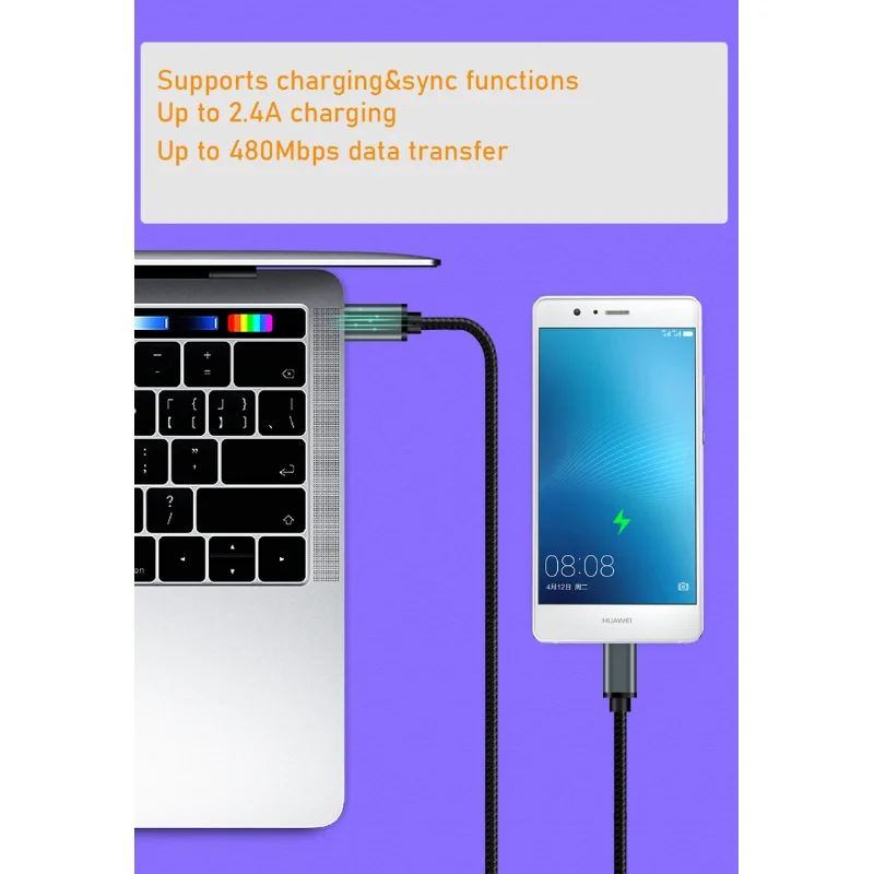 Type C To Micro USB Cable Braided Charger 2.4A Charging USB Cable For Samsung Xiaomi Huawei PC 480Mbps Data Transfer Wire Cord