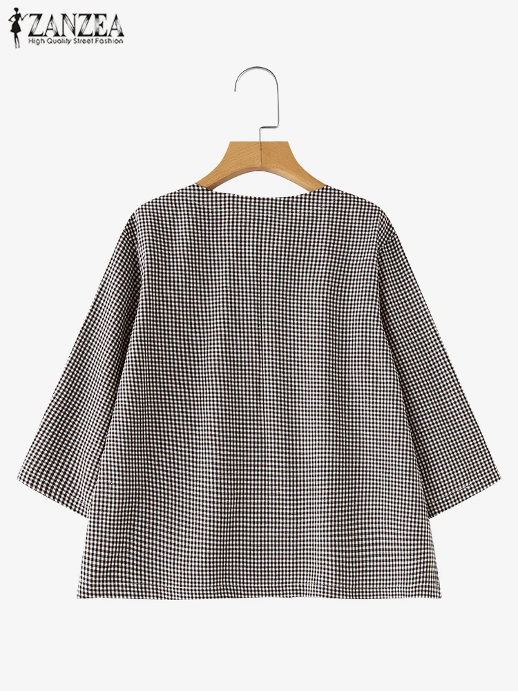 Casual Loose Women Blouse ZANZEA Summer Round Neck Shirt Checked Printed Pocket 3/4 Sleeve Tops Harajuku Simple Blusas