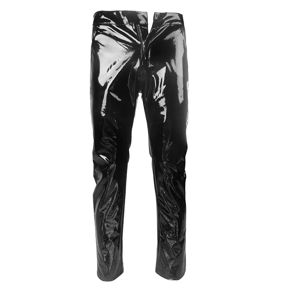 Men Faux Leather PVC Long Pants Shiny Glossy Trousers Club Dance Wear Punk Gothic Black Slim Fit Nightclub Party Motorcycle Pant