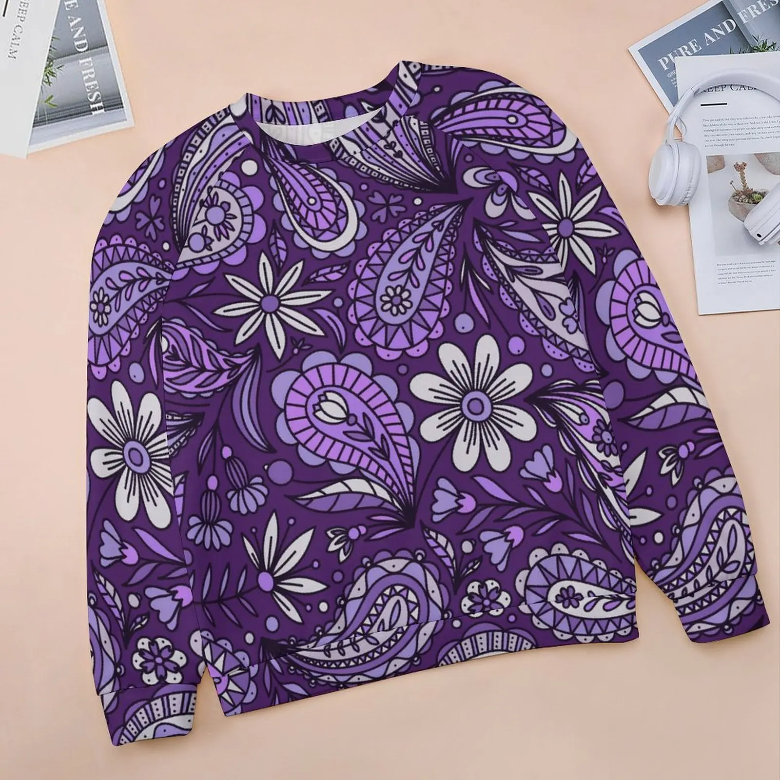 Boho Paisley Hoodies Lady Long Sleeve White And Purple Y2k Casual Hoodie New Arrival Hip Hop Oversized Design Sweatshirts