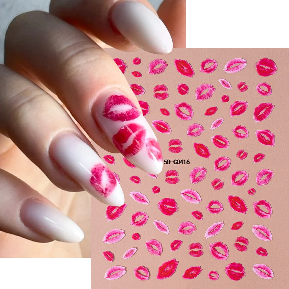 Autocollants 5D pour les ongles, stickers pour les lèvres sexy, amour, cœur, lettre "baiser", rose, rouge, décalcomanies pour manucure romantique, DIY