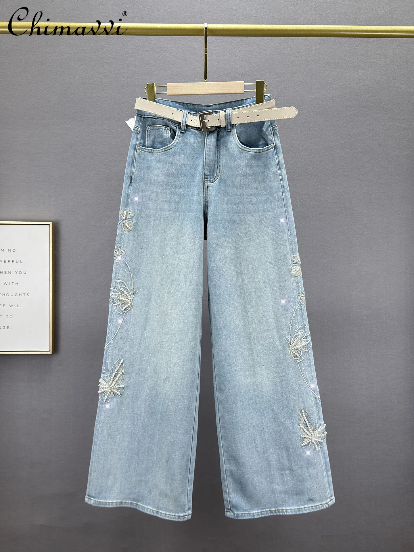 

Heavy Beaded Denim Wide-Leg Pants Women Spring New Fashion High-Waisted Loose Slim Vintage Distressed Embroidered Long Pants