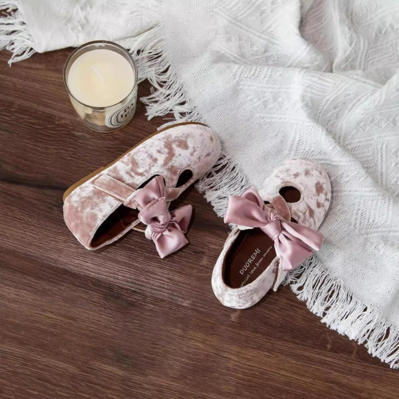 Chic Retro Children Ballet Flat Shoes New Non-slip Girls Bow Mary Jane Shoes Elegant Soft Suede Kids Leather Shoes Wedding Party
