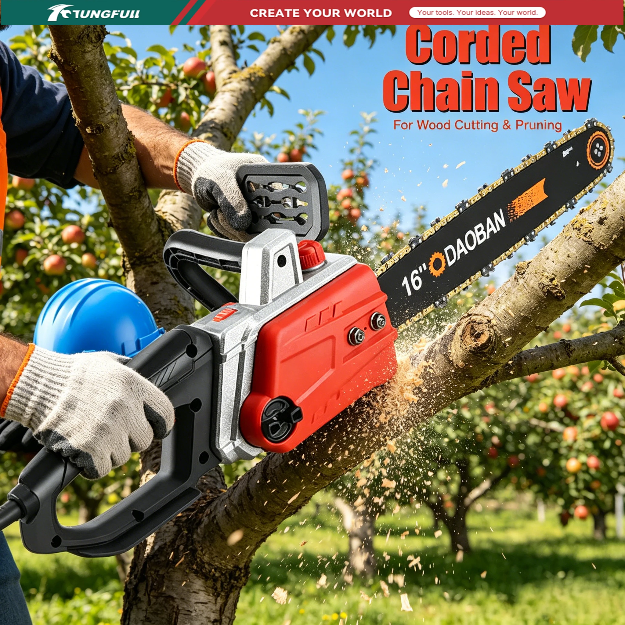 TUNGFULL 16 Inch Electric Chainsaw Corded 220V Brushless Handheld Chain Saw for Wood Felling Cutting