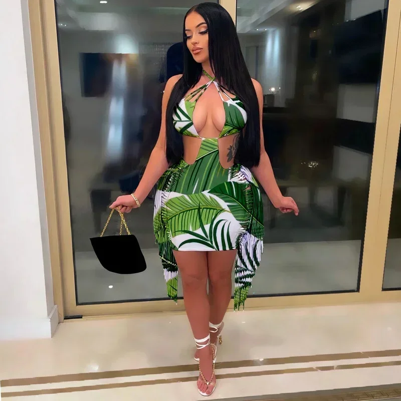 Guwu-ミニドレス,ホルターネック,フリンジ,ホルターネック,ホルターネック,ホルタートップ,リーフプリント,タイト,ビーチウェア,パーティークラブドレス,新しいファッション