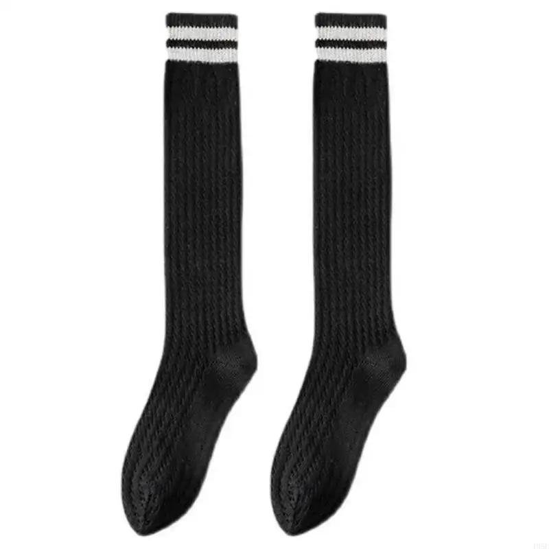 195E カレッジスタイルの女性中空アウトパターンニーハイソックスヴィンテージダブルストライプ無地黒、白の薄いストッキング
