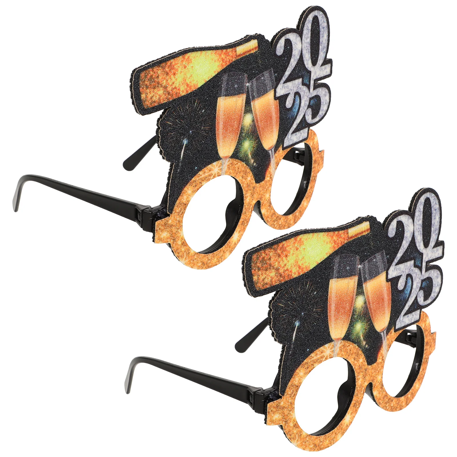 

2Pcs 2025 Happy New Year Black Gold Glasses Frame Glitter New Year Party Eyewear Celebration Photo Props 2025 Glasses Frame