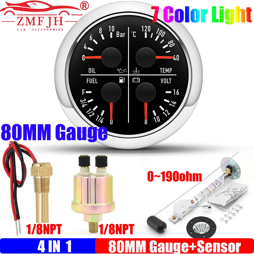 

ZMFJH Car Multi-Meter 80MM Oil Pressure+Fuel Level Gauge+Water Temp+Voltage with Press Sensor Temp Sensor Oil Sensor 0-190ohm