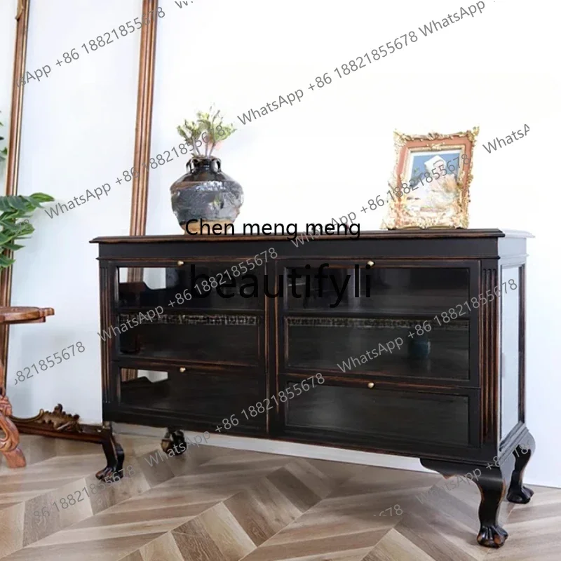 

N178 G Modern minimalist art ancient retro solid wood tenon and mortise glass decorative cabinet, jewelry cabinet