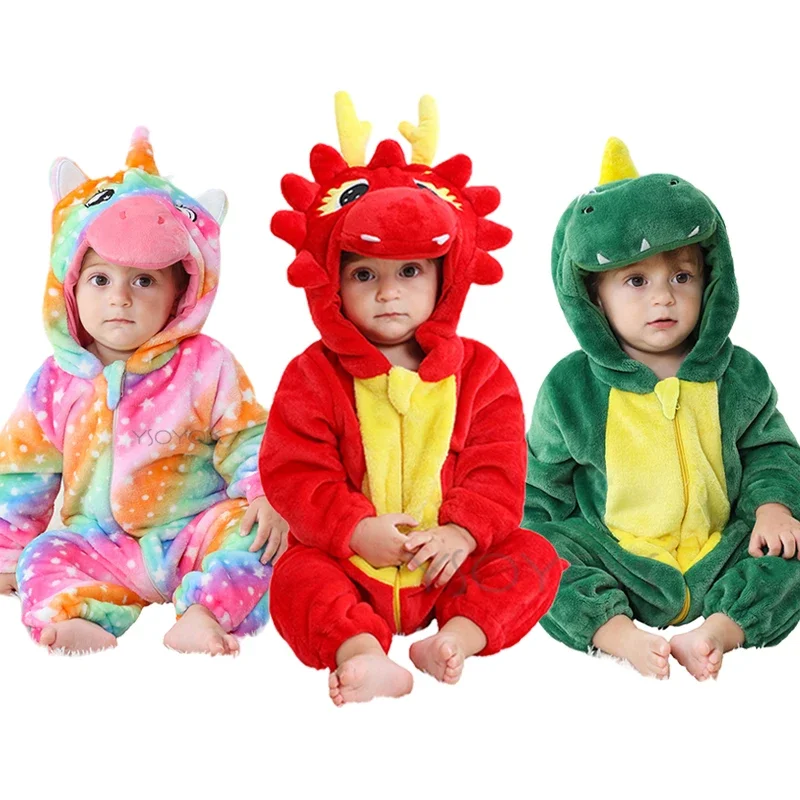 

2024 New Dinosaur Unicorn Baby Rompers Winter Flannel Toddler Infant Clothes Hooded Overall Bodysuits Jumpsuit Costume for Kids