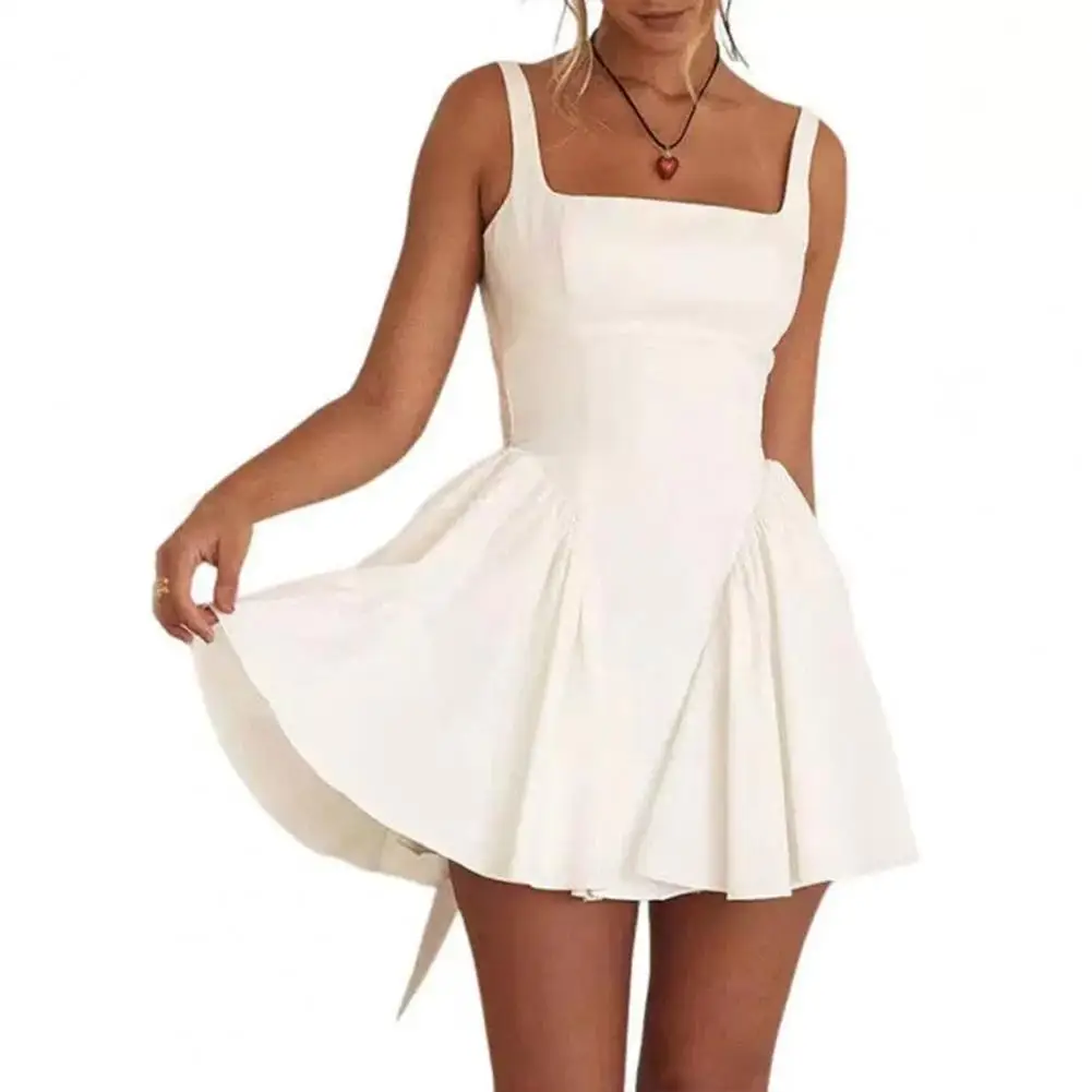 Women Dress Elegant Lace-up Bow A-line Dress for Women Princess Style Mini Dress with Square Neck Big Hem Summer Fashion