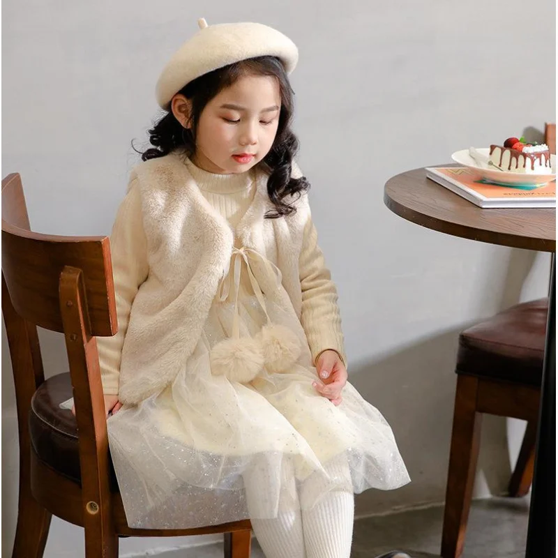 

2025Autumn Winter Children's Fashionable Fleece Dress Furry Vest Set Thickened Girls' Princess Dress Two-Piece Set