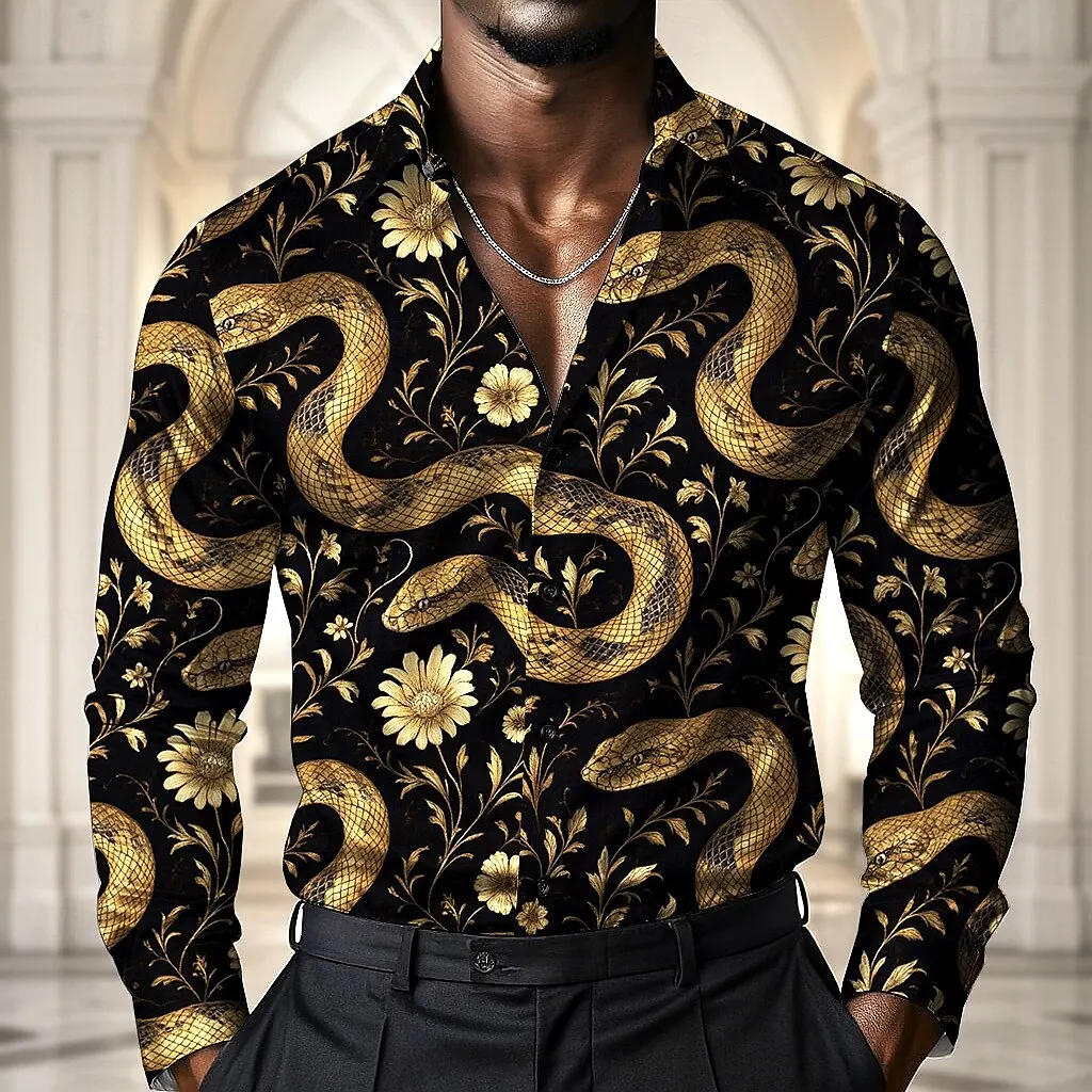 Men's Animal Snake Flowers Casual Shirt Long Sleeve Vintage Retro Vacation Daily Wear Fall Turndown 3D Print Button Up Shirts