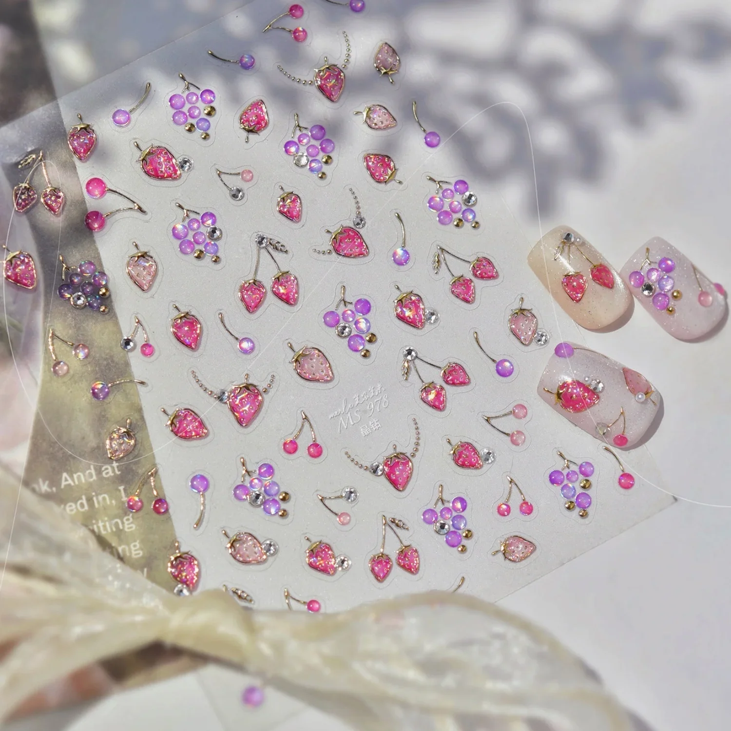 Sweet Fruit Strawberry Cherry Grape 5D Nail Stickers Shiny Rhinestones Self-Adhesive Fruit Nail Decals Cute Nail Art Decor Girls