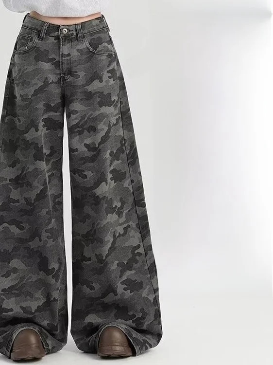 American Style Workwear Wide Leg Camouflage Jeans Women's plus Size High Waist Slimming Loose Short Straight Leg Pants