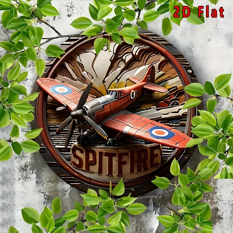 2D Flat, 1pc Vintage Spitfire Aircraft Wall-Mounted Decor - Retro British WWII Fighter Plane, Lightweight Aluminum Metal Sign