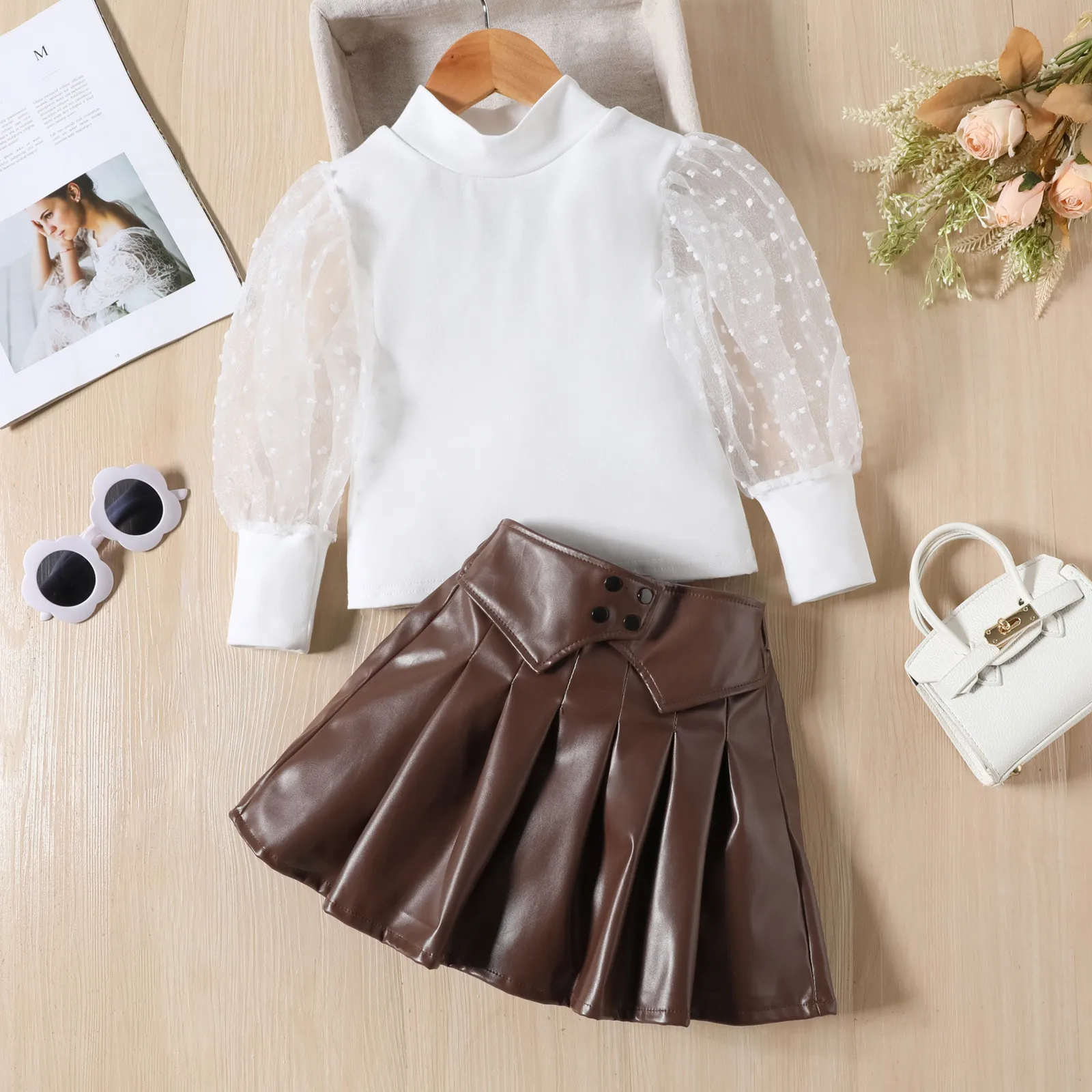 Autumn Kids Girls 2pcs Fashion Clothes Sets 1 2 3 4 5 6Y Mesh Long Puff Sleeve Turtleneck Tops+PU Leather Pleated Skirts Suits