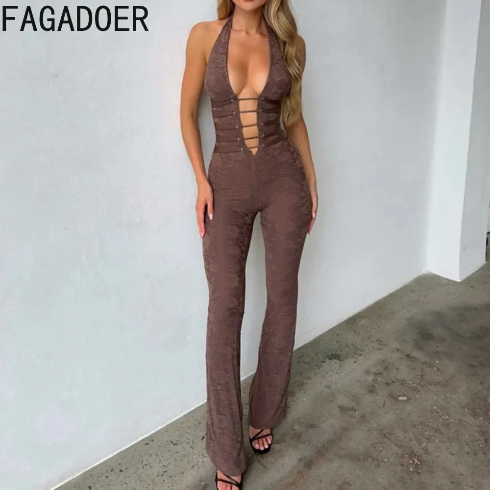 Fagadoer sexy renda bodycon macacão feminino malha profunda v bandagem retalhos uma peça macacão menina quente y2k streetwear roupas novas