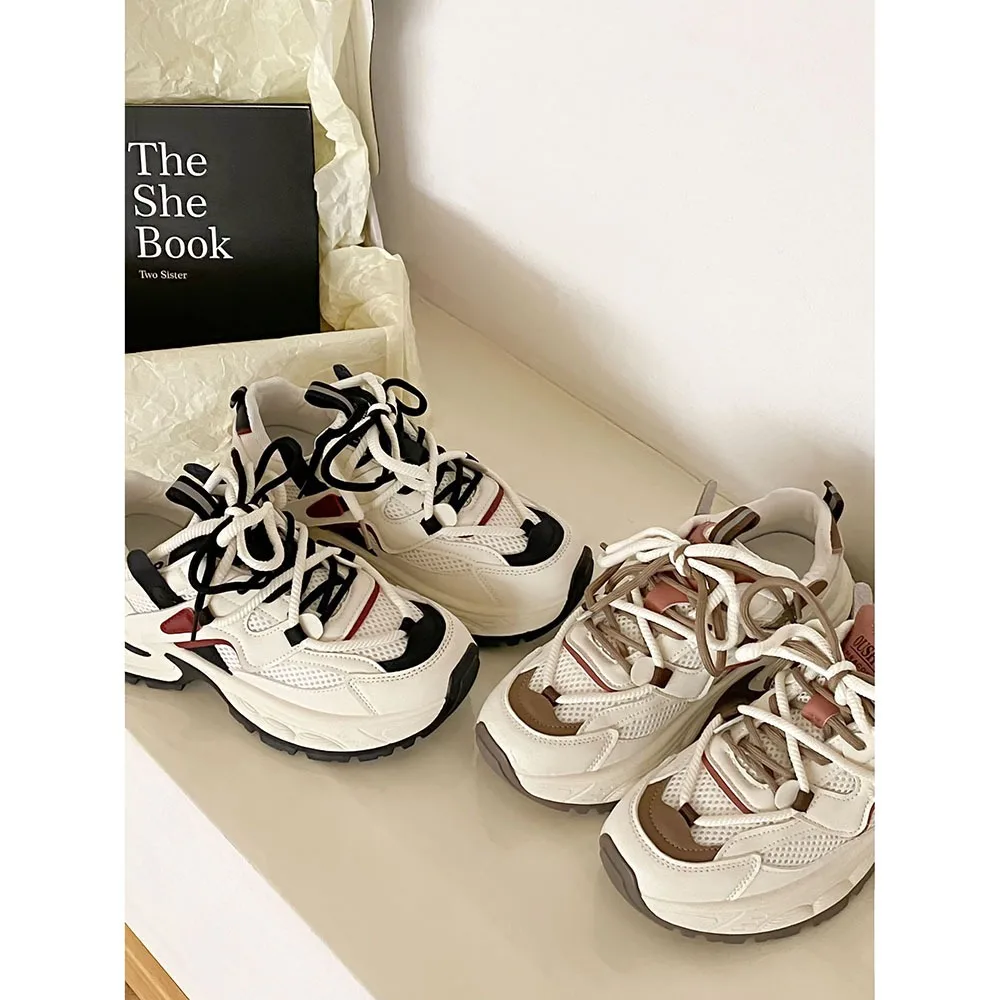 Mixed Colors Women's Shoes 2024 Spring New Mesh Breathable Retro Women Casual Shoes Thick Sole Heels Casual Sports Shoes 24-218