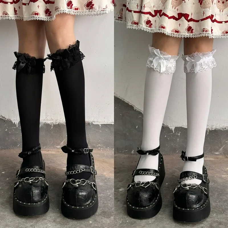 Lace Ruffles Stockings for Women Summer Skirt Accessories Thin Ribbon Over-the-calf Socks Japanese Style JK Knee High Socks