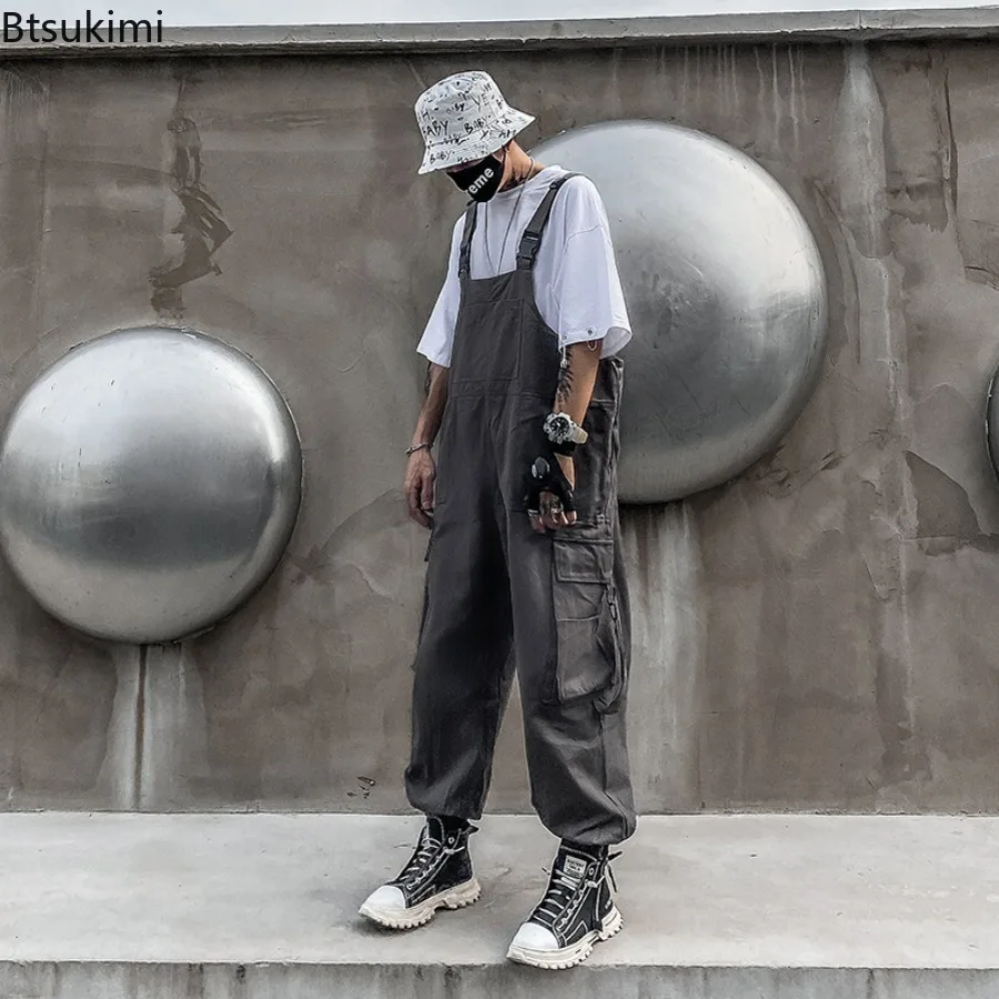 2025 New Men's Jumpsuits Fashion Casual Loose Wide Leg Overalls Streetwear Solid Insert Pockets Vintage Hip Hop Strap Pants Male