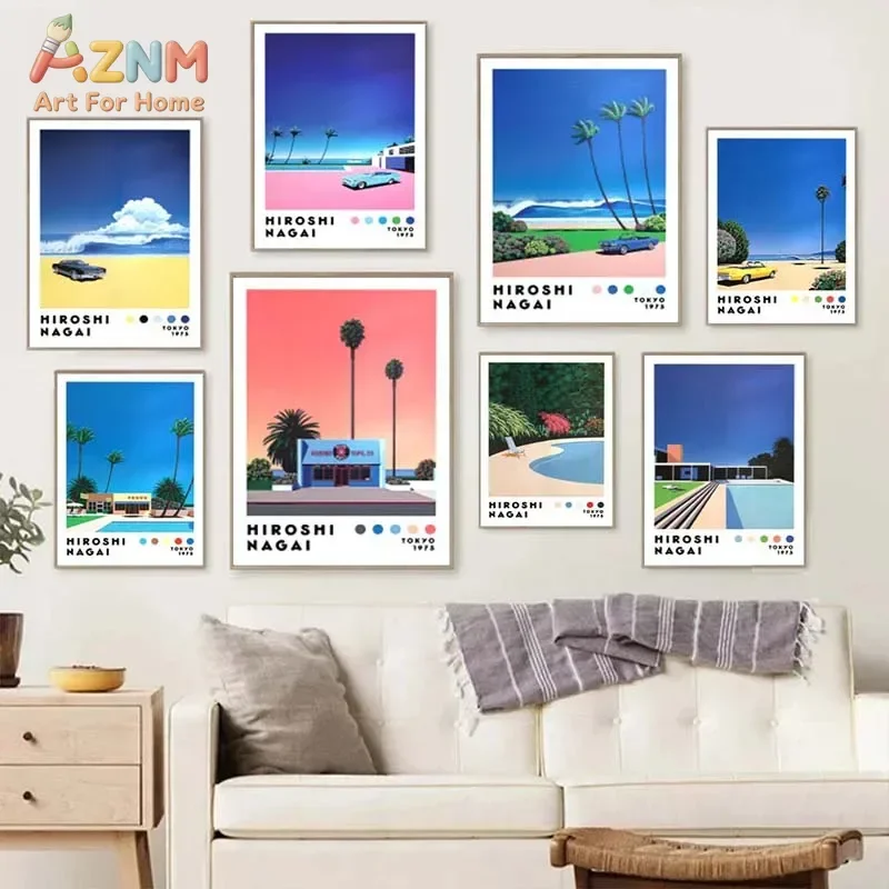 AZNM Hiroshi Nagai Retro Vaporwave Canvas Wall Art, 80s Coastal Palm Tree Pool Cityscape Print, Japanese Pop Art Scenery Poster,