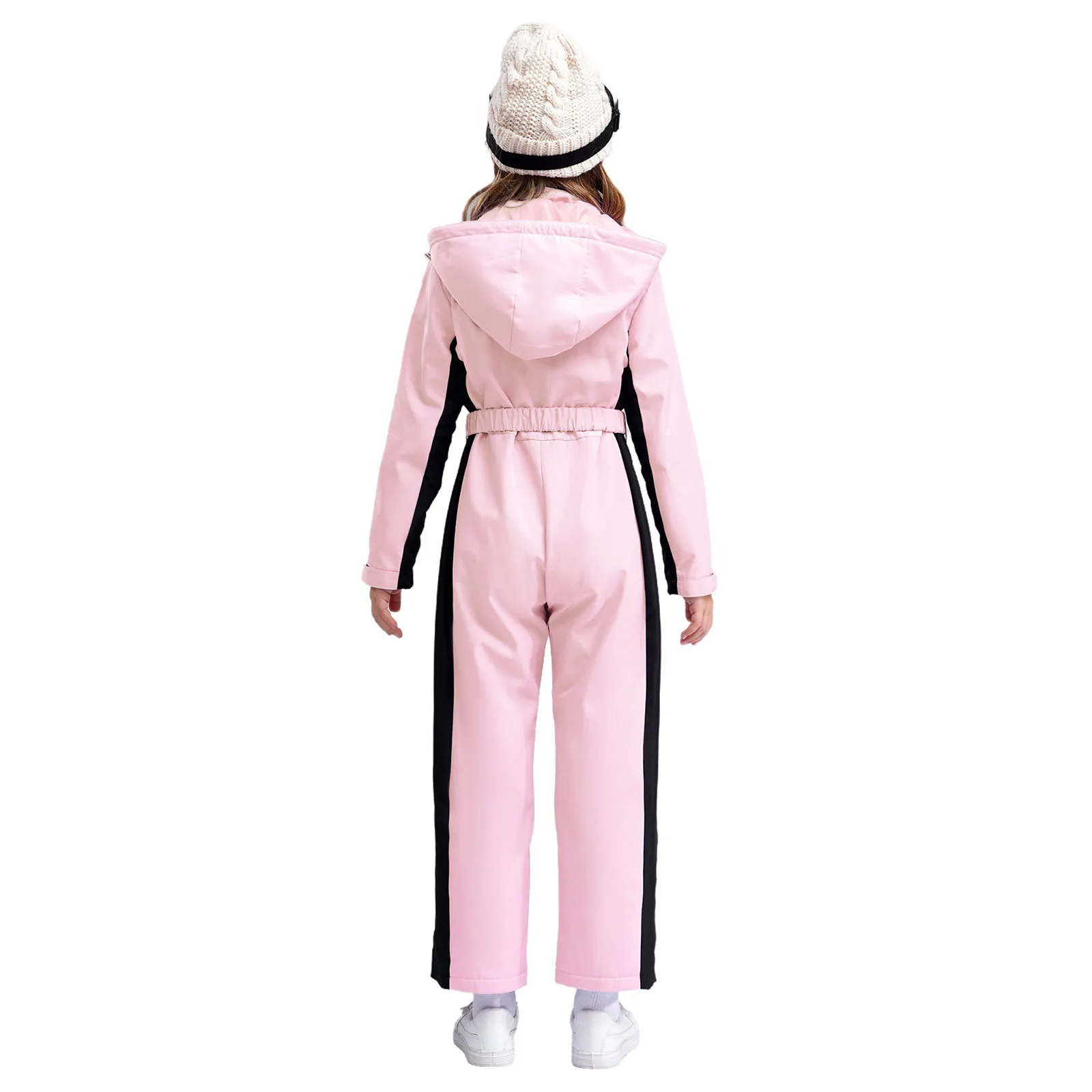 Kids Girls Ski Suits Waterproof Snowsuit Removable Hooded Skiing Jumpsuit with Belt Outdoor Snow Sports Snowboard Coveralls