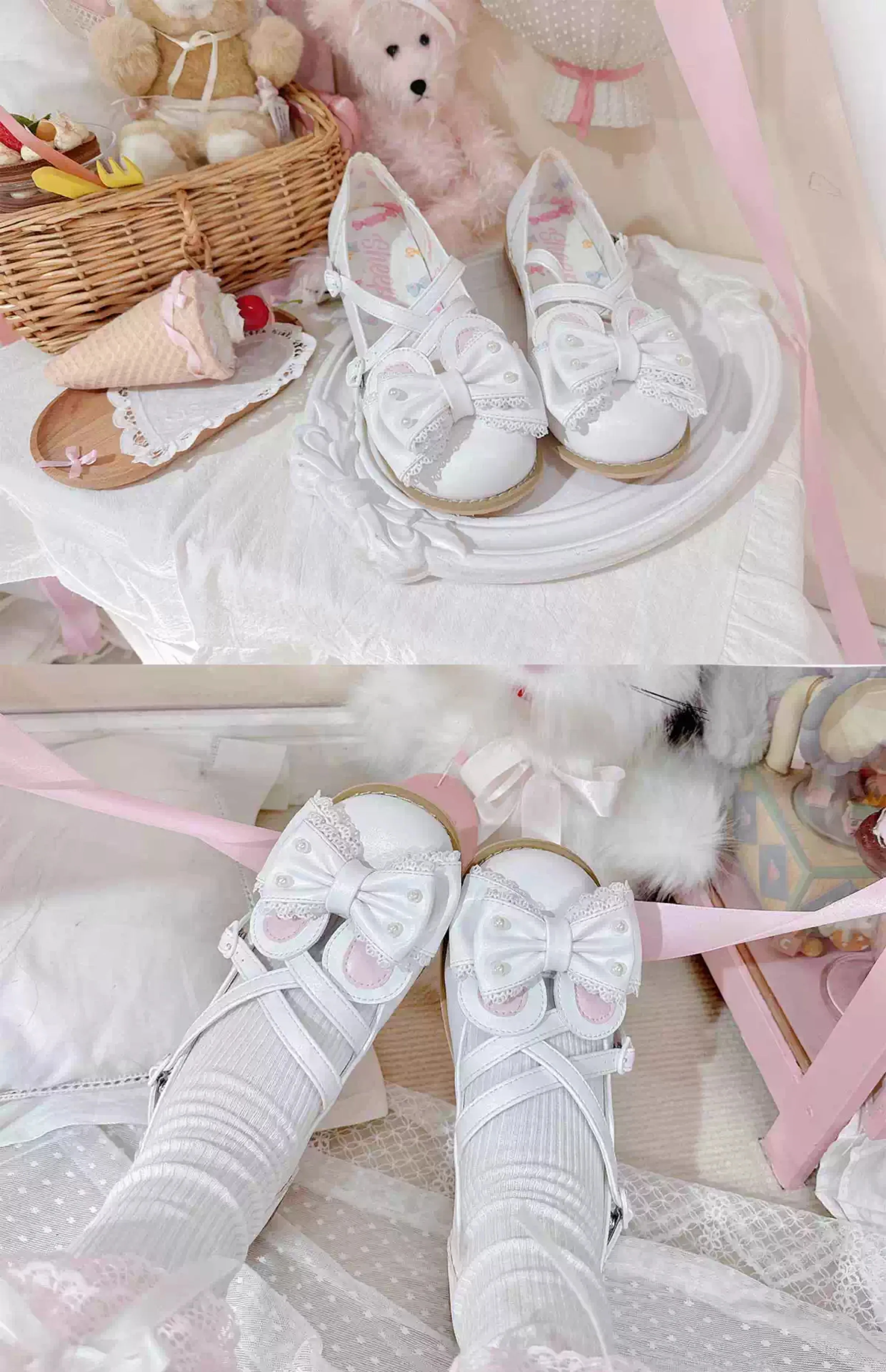 Candy Lolita Shoes Bear Ear Bow Low Heel Shoes Sweet Round Head PU Flat Shoes Rubber Sole Flat Shoeses