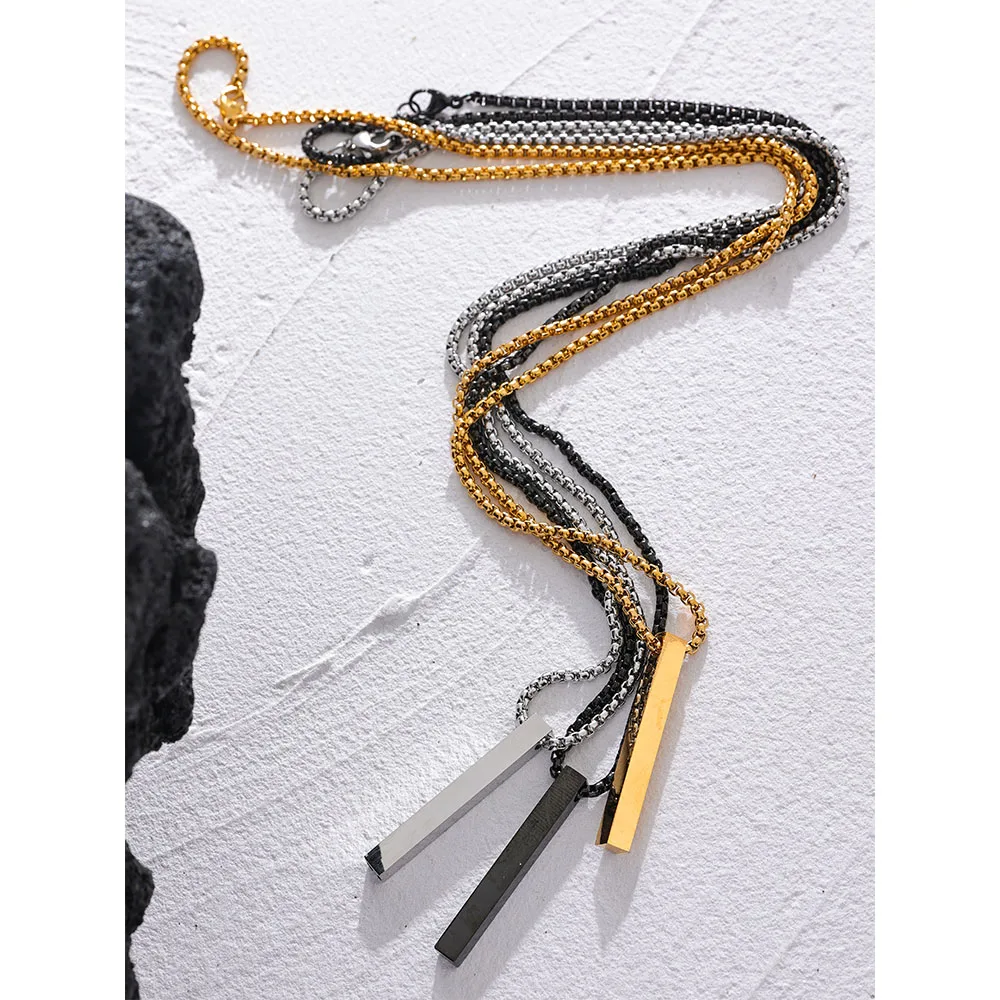 Yhpup Gold Silver Black Color Stainless Steel Long Square Men Pendant Necklace Waterproof Daily Minimalist Punk Classic Jewelry