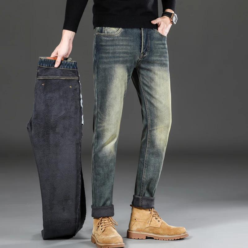 Japanese retro nostalgic Korean slim fit straight leg men's jeans with thick plush and elastic washed retro jeans men clothing