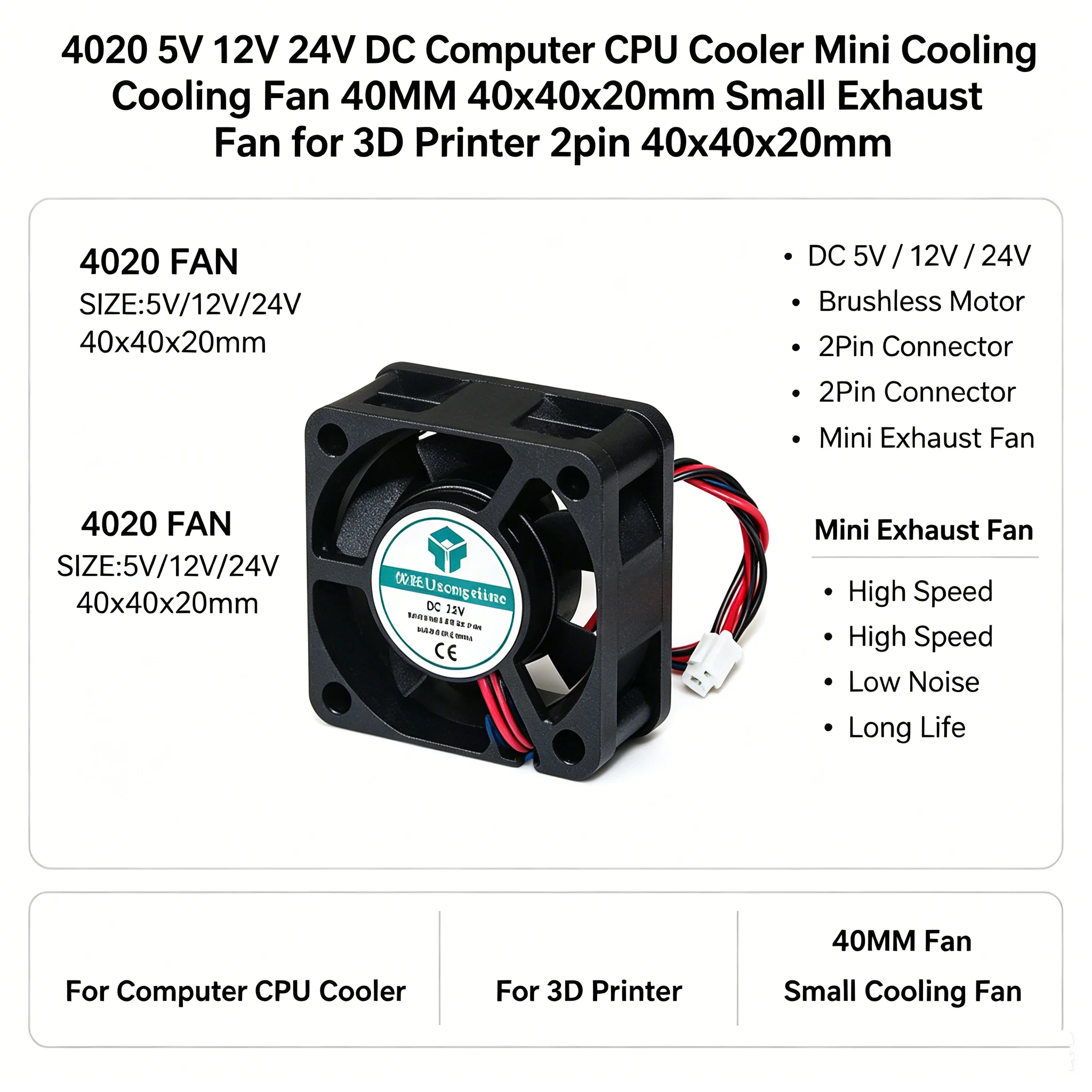 

4020 5V 12V 24V DC Computer CPU Cooler Mini Cooling Fan 40MM 40x40x20mm Small Exhaust Fan for 3D Printer parts 2pin 40x40x20mm..