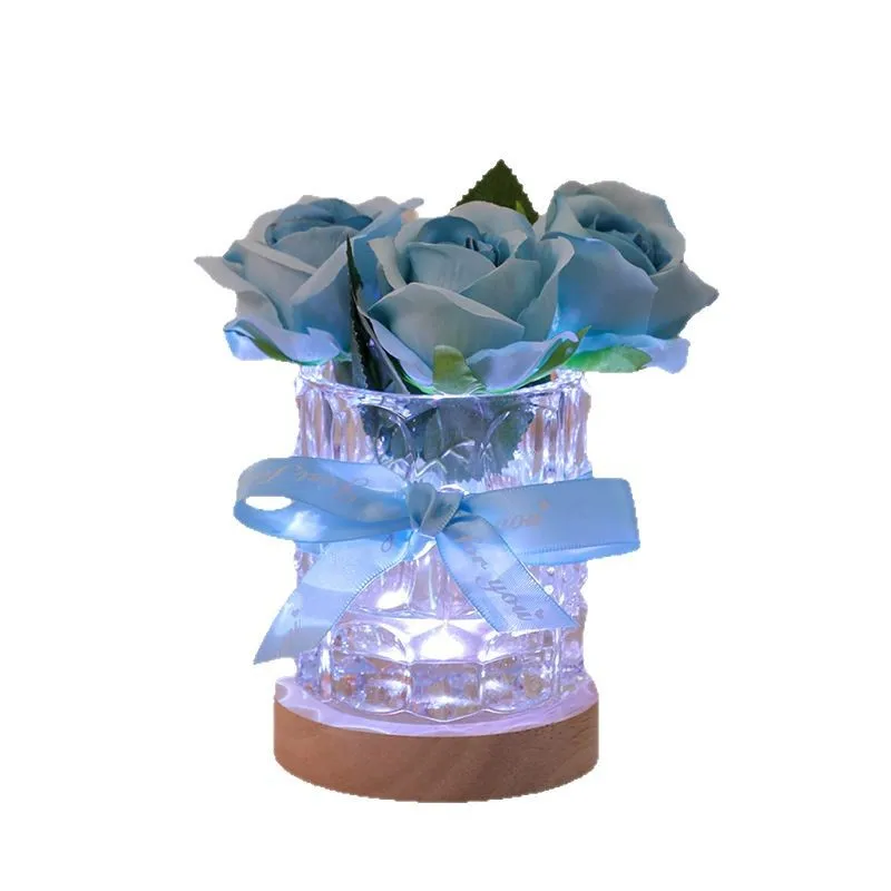 Customized Rose Glass Lamp with Light, Solid Wood Base, Living Room Bedroom Nightstand Decoration Ornament, Birthday