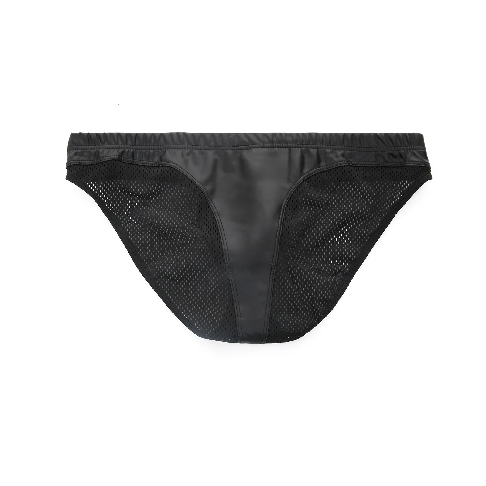 Herren-Bikini-Badehose aus Kunstleder, Patchwork-Mesh, tief sitzende Badehose, Strandshorts, Surf- und Schwimmshorts, Wet-Look – Detail 6