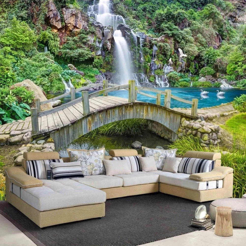 Custom 3D Mural Wallpaper Small Bridge Running Water Waterfall Nature Landscape Living room sofa background bedroom restaurant