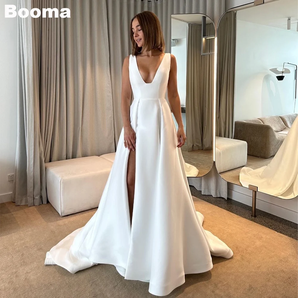 

Booma Elegant A-Line Wedding Dresses Deep V Neck Sleeveless Brides Party Gowns High Side Slit Sweep Train Bridals Dresses