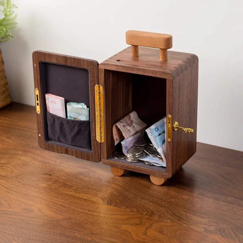 Creative Black Walnut Coin Bank Multifunctional Desktop Money Box with Storage Tray Unique Birthday Gift Home Decor