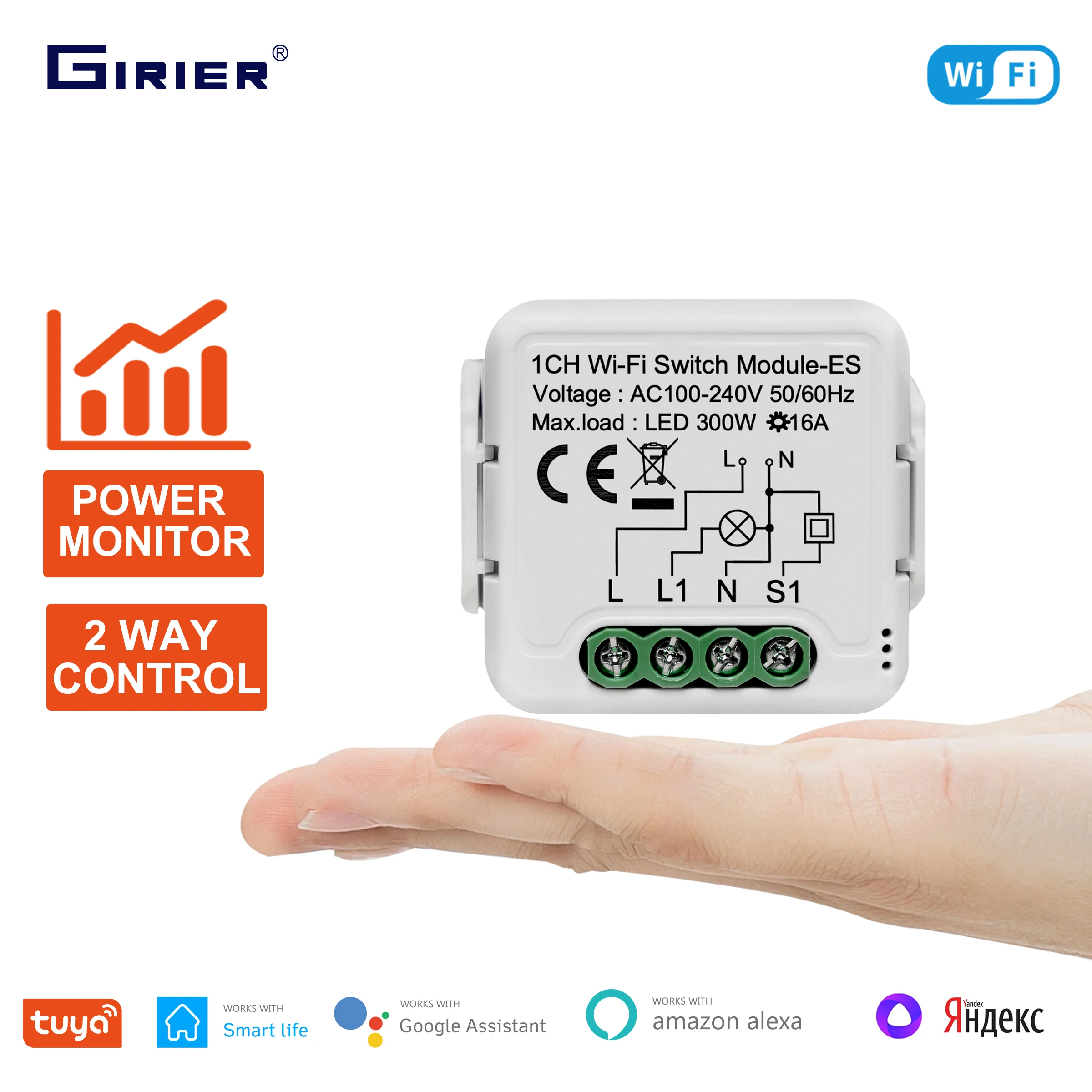 GIRIER Tuya Wifi Smart DIY Switch Module 16A with Power Monitor 2 Way Control Functions Work with Alexa Google Home Yandex Alice