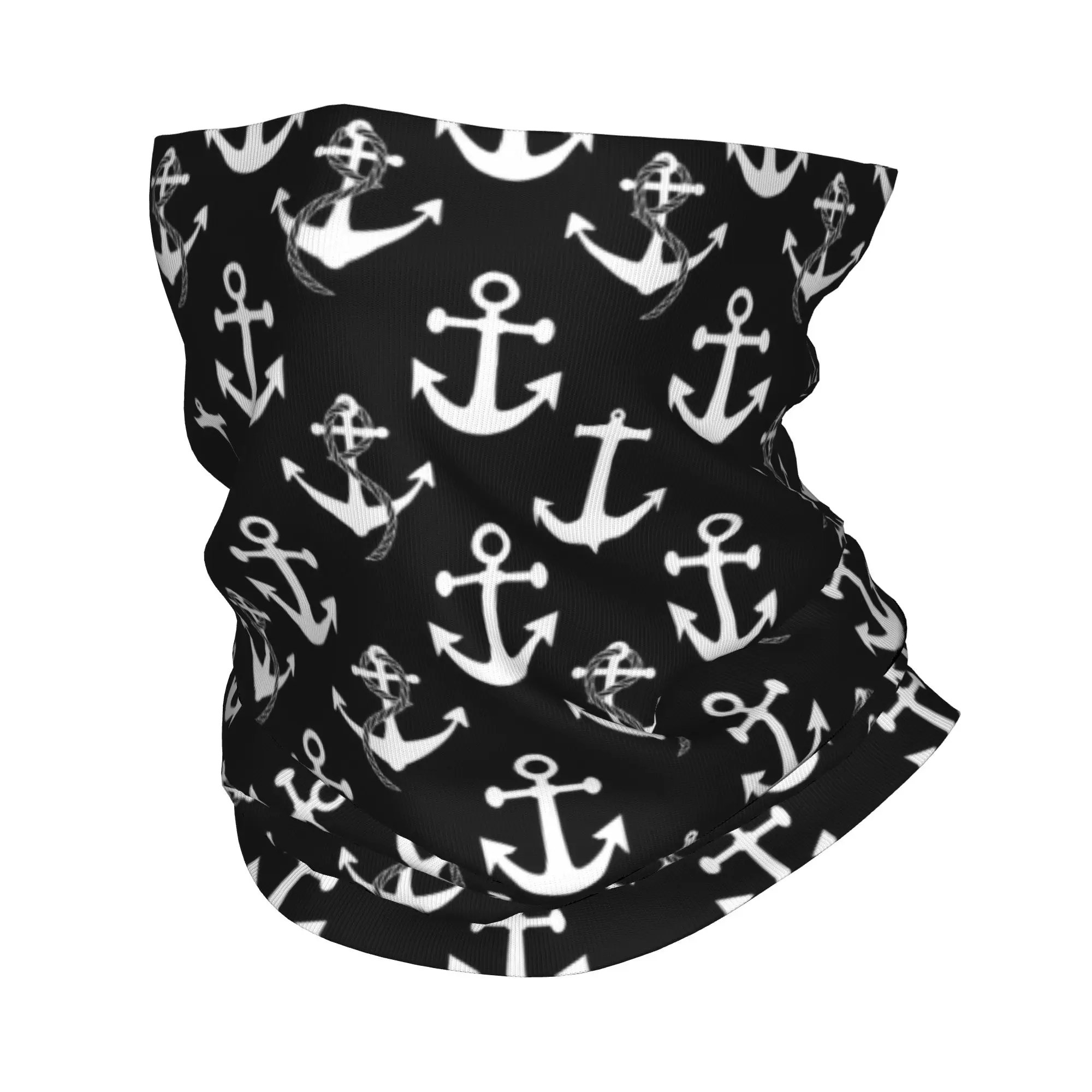 Black and White Nautical Anchor Pattern Neck Gaiter Women Men Windproof Winter Sailing Sailor Bandana Scarf for Cycling
