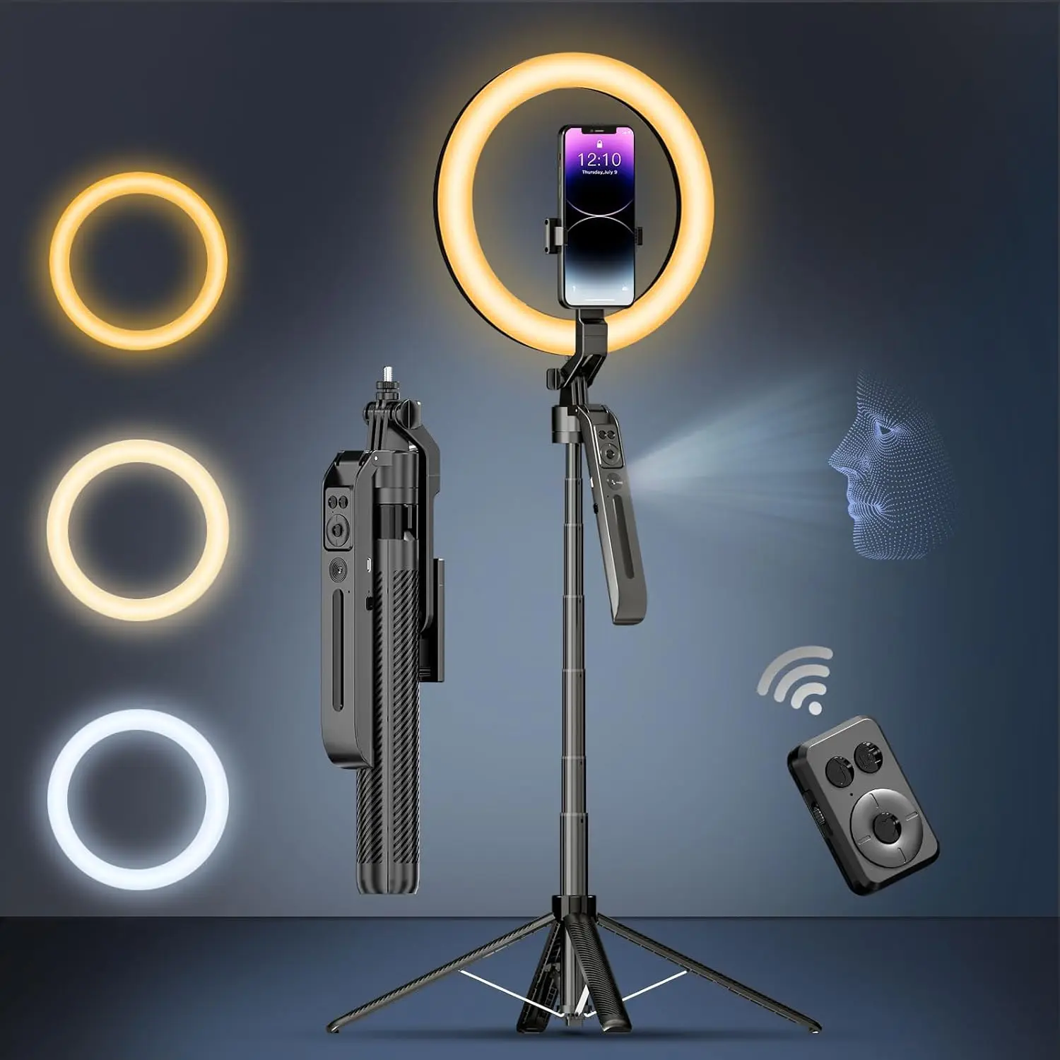 

Auto Face Tracking Selfie Stick Tripod for iPhone with 10" Ring Light,360 Rotation That Follows Your Movement,71" Phone